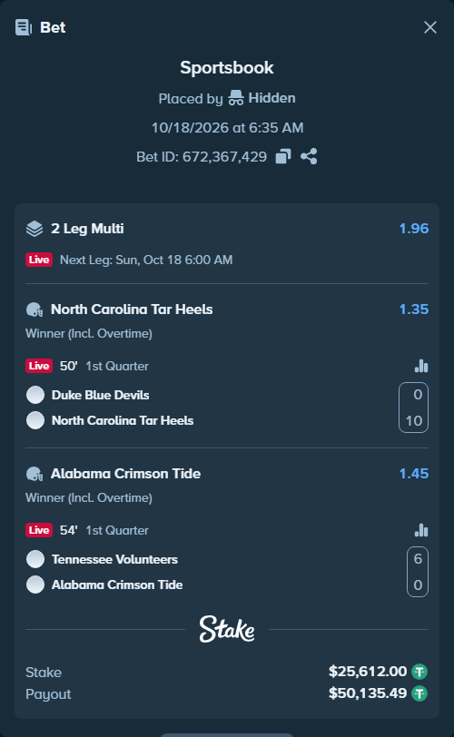 Bet slip: Duke Blue Devils - North Carolina Tar Heels, $25,637.61 stake at 1.35 odds, placed by Hidden