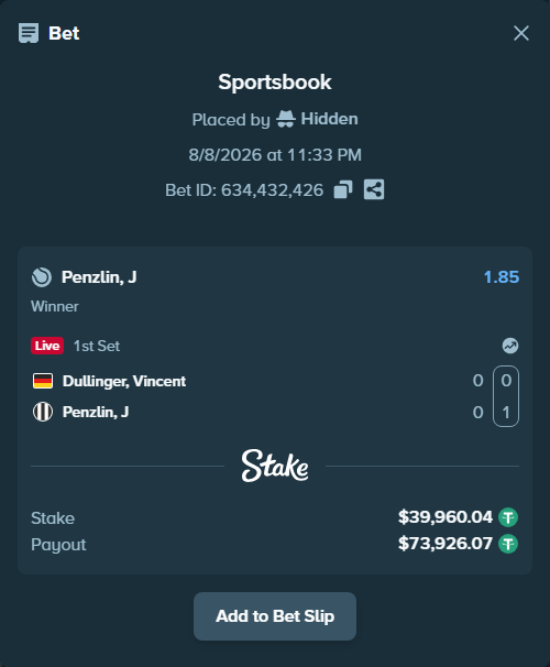 Bet slip: Dullinger, Vincent - Penzlin, J, $40,000.00 stake at 1.85 odds, placed by Hidden