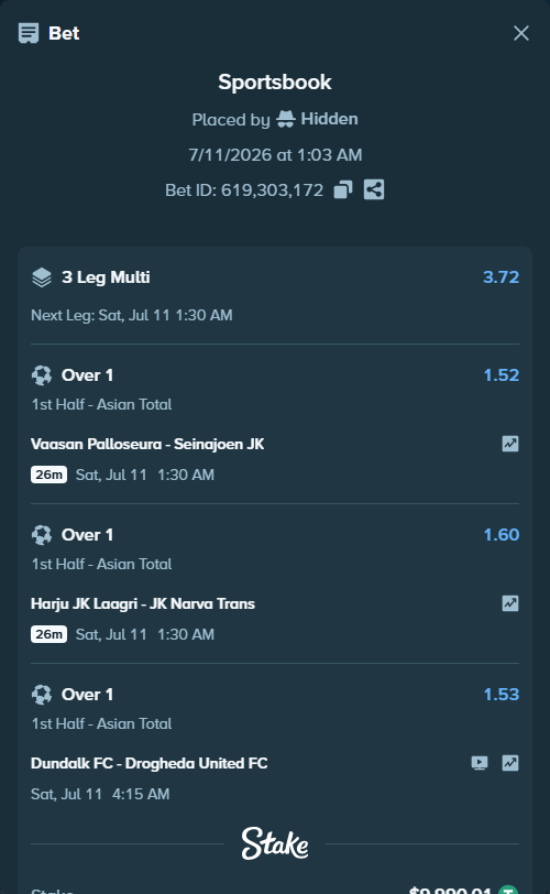 Bet slip: Dundalk FC - Drogheda United FC, $10,000.00 stake at 1.53 odds, placed by Hidden