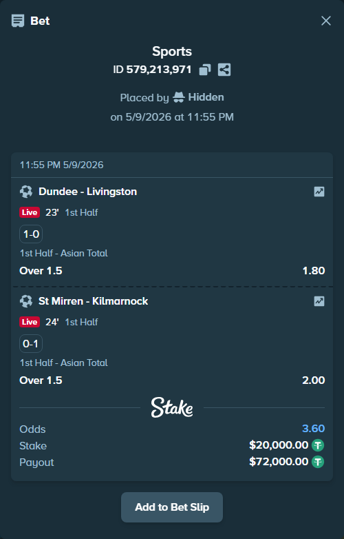 Bet slip: Dundee - Livingston, $20,000.00 stake at 1.80 odds, placed by Hidden