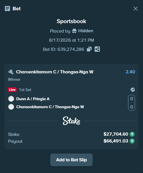 Bet slip: Dunn A / Pringle A - Charoenkitamorn C / Thongsa-Nga W, $27,732.30 stake at 2.40 odds, placed by Hidden