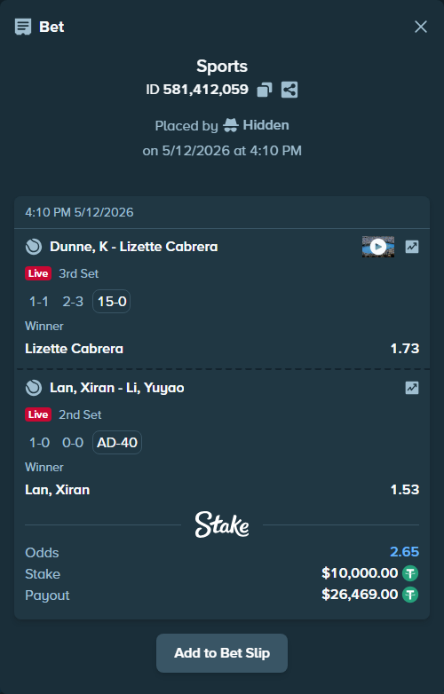 Bet slip: Dunne, K - Lizette Cabrera, $10,000.00 stake at 1.73 odds, placed by Hidden