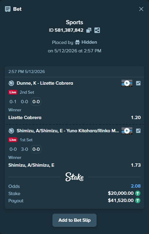 Bet slip: Dunne, K - Lizette Cabrera, $20,000.00 stake at 1.20 odds, placed by Hidden