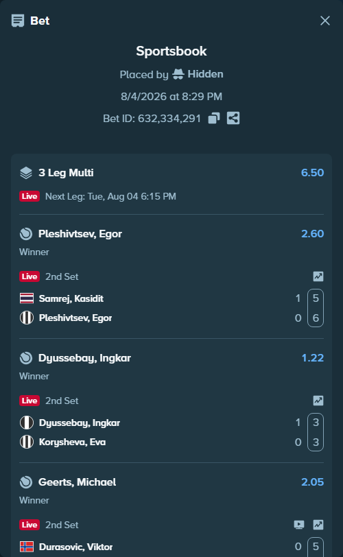 Bet slip: Durasovic, Viktor - Geerts, Michael, $10,000.00 stake at 2.05 odds, placed by Hidden