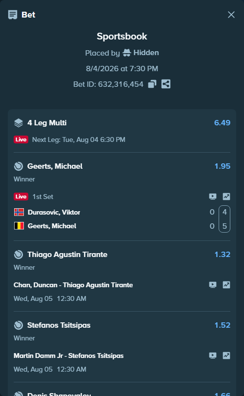 Bet slip: Durasovic, Viktor - Geerts, Michael, $19,999.00 stake at 1.95 odds, placed by Hidden