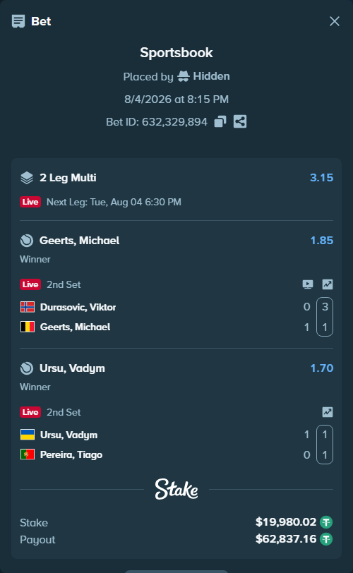 Bet slip: Durasovic, Viktor - Geerts, Michael, $20,000.00 stake at 1.85 odds, placed by Hidden