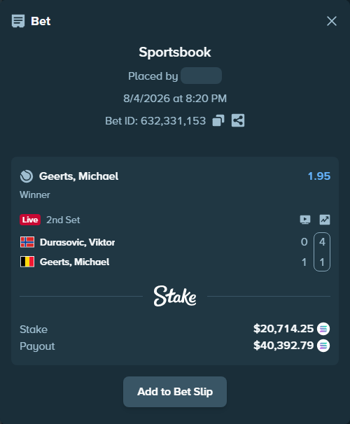 Bet slip: Durasovic, Viktor - Geerts, Michael, $20,607.62 stake at 1.95 odds, placed by Mashko21