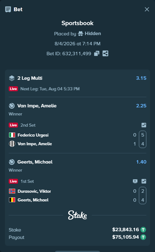 Bet slip: Durasovic, Viktor - Geerts, Michael, $23,867.00 stake at 1.40 odds, placed by Hidden