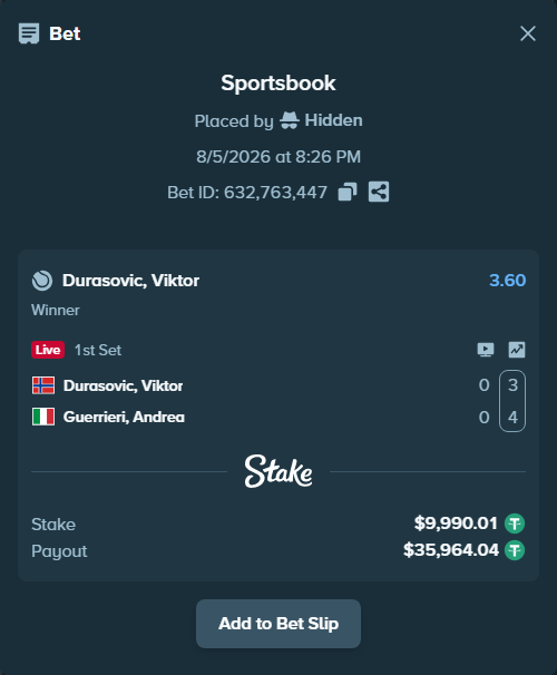 Bet slip: Durasovic, Viktor - Guerrieri, Andrea, $10,000.00 stake at 3.60 odds, placed by Hidden