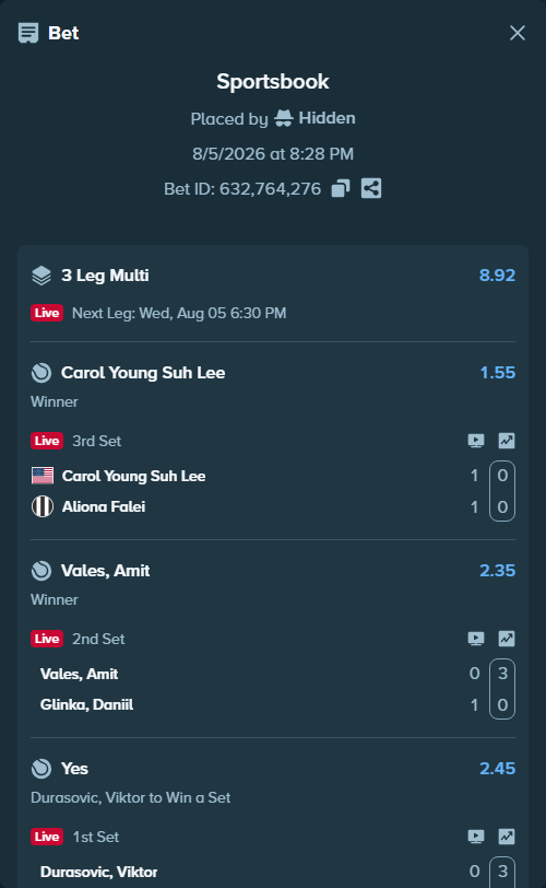 Bet slip: Durasovic, Viktor - Guerrieri, Andrea, $10,000.00 stake at 2.45 odds, placed by Hidden