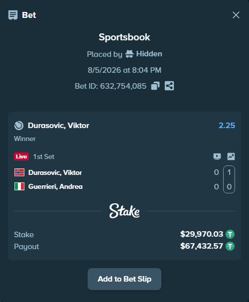 Bet slip: Durasovic, Viktor - Guerrieri, Andrea, $30,000.00 stake at 2.25 odds, placed by Hidden