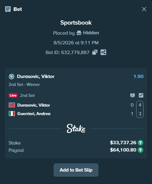Bet slip: Durasovic, Viktor - Guerrieri, Andrea, $33,771.00 stake at 1.90 odds, placed by Hidden