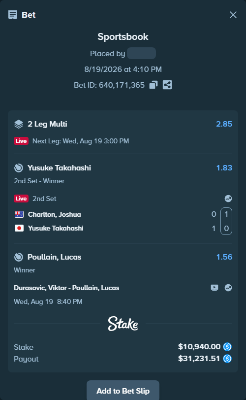 Bet slip: Durasovic, Viktor - Poullain, Lucas, $10,940.00 stake at 1.56 odds, placed by kuwkuw