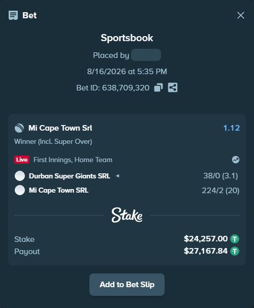 Bet slip: Durban Super Giants SRL - Mi Cape Town SRL, $24,281.26 stake at 1.12 odds, placed by liliamaria
