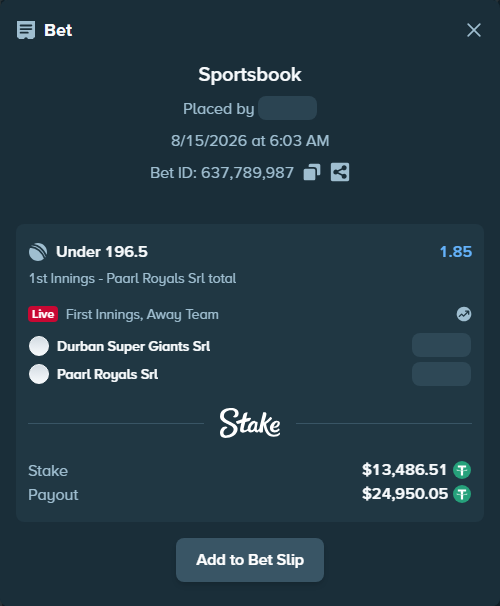 Bet slip: Durban Super Giants SRL - Paarl Royals SRL, $13,500.00 stake at 1.85 odds, placed by Randy007799