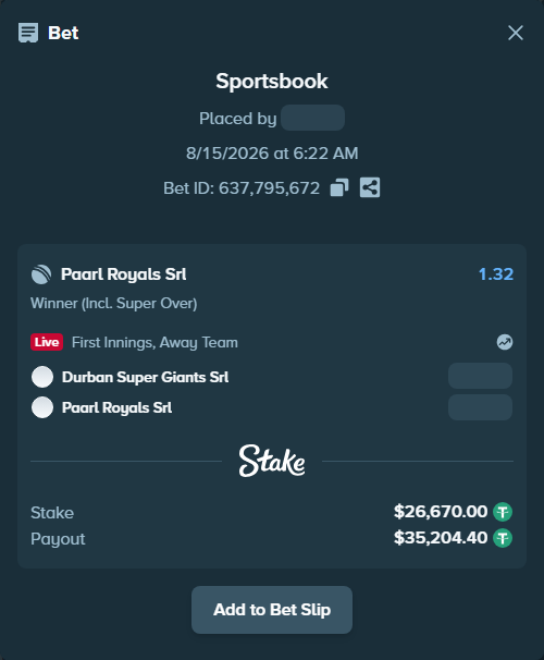 Bet slip: Durban Super Giants SRL - Paarl Royals SRL, $26,696.67 stake at 1.32 odds, placed by riaggo1
