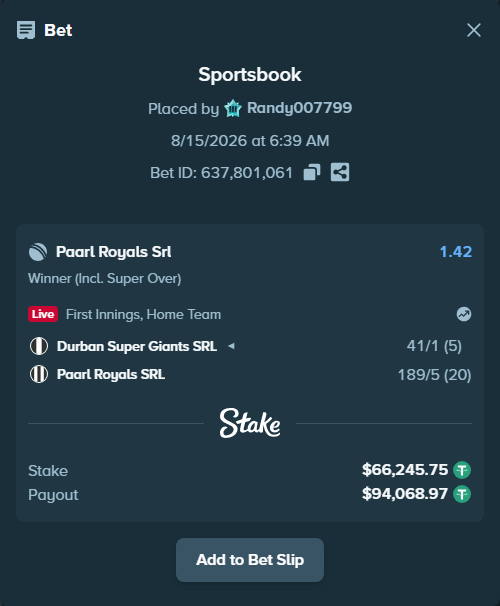 Bet slip: Durban Super Giants SRL - Paarl Royals SRL, $66,312.00 stake at 1.42 odds, placed by Randy007799