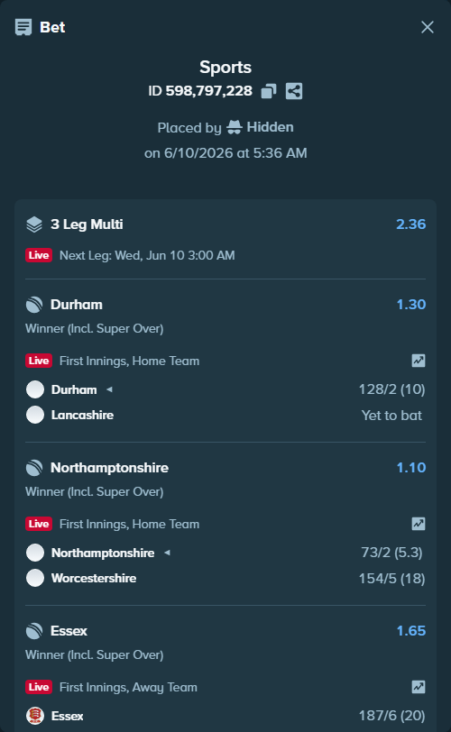 Bet slip: Durham - Lancashire, $16,000.00 stake at 1.30 odds, placed by Hidden