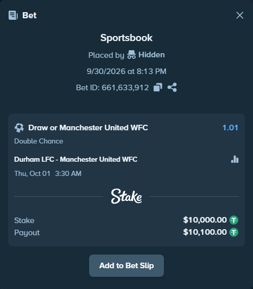 Bet slip: Durham LFC - Manchester United WFC, $10,000.00 stake at 1.01 odds, placed by auerma302