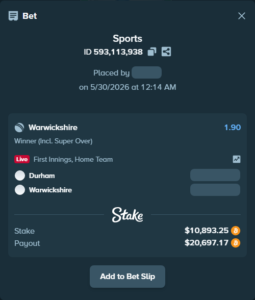 Bet slip: Durham - Warwickshire, $9,649.50 stake at 1.90 odds, placed by nitika63873