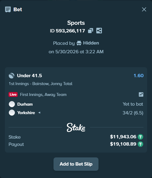 Bet slip: Durham - Yorkshire, $11,955.00 stake at 1.60 odds, placed by Hidden