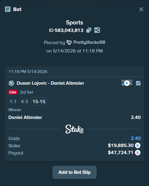 Bet slip: Dusan Lajovic - Daniel Altmaier, $15,935.98 stake at 2.40 odds, placed by Prettylfacko98