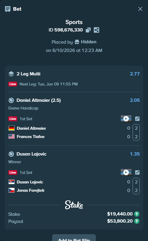 Bet slip: Dusan Lajovic - Jonas Forejtek, $19,440.00 stake at 1.35 odds, placed by Hidden