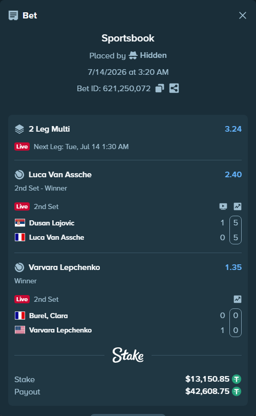 Bet slip: Dusan Lajovic - Luca Van Assche, $13,164.00 stake at 2.40 odds, placed by Hidden