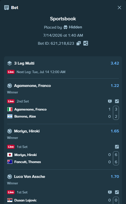 Bet slip: Dusan Lajovic - Luca Van Assche, $23,352.00 stake at 1.70 odds, placed by Hidden