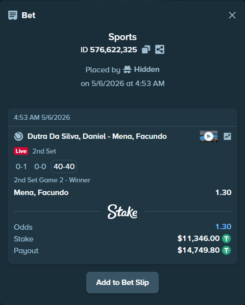 Bet slip: Dutra Da Silva, Daniel - Mena, Facundo, $11,346.00 stake at 1.30 odds, placed by Hidden