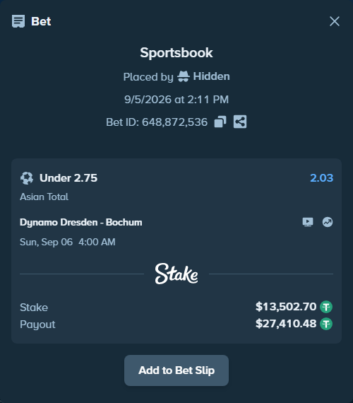 Bet slip: Dynamo Dresden - Bochum, $13,500.00 stake at 2.03 odds, placed by Hidden