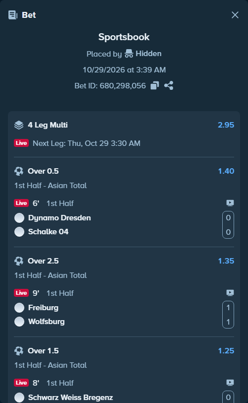 Bet slip: Dynamo Dresden - Schalke 04, $13,031.02 stake at 1.40 odds, placed by Hidden