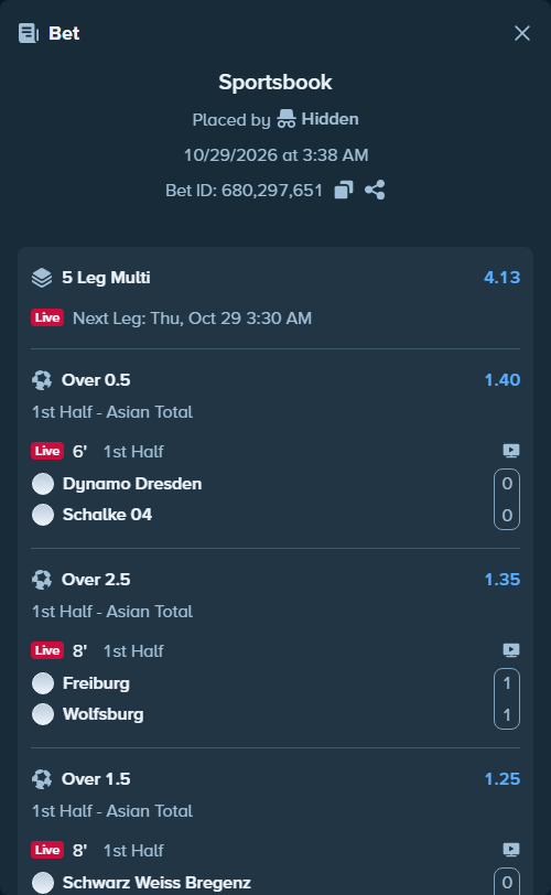 Bet slip: Dynamo Dresden - Schalke 04, $22,617.63 stake at 1.40 odds, placed by Hidden