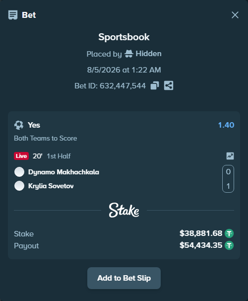 Bet slip: Dynamo Makhachkala - Krylia Sovetov, $38,920.56 stake at 1.40 odds, placed by Hidden