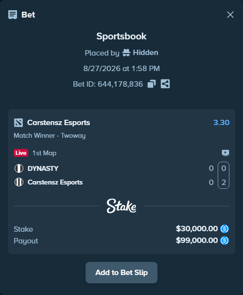 Bet slip: DYNASTY - Carstensz Esports, $30,000.00 stake at 3.30 odds, placed by Hidden