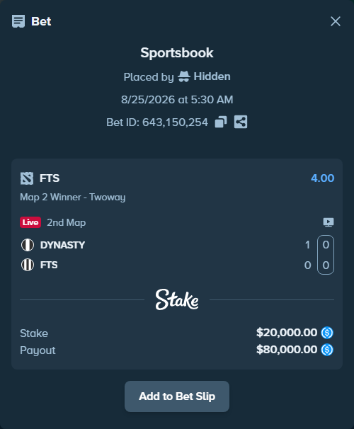 Bet slip: DYNASTY - FTS, $20,000.00 stake at 4.00 odds, placed by Hidden