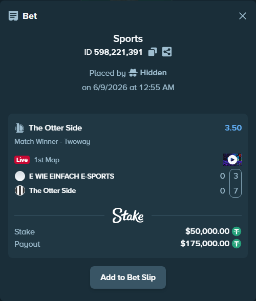 Bet slip: E WIE EINFACH E-SPORTS - The Otter Side, $50,000.00 stake at 3.50 odds, placed by Hidden