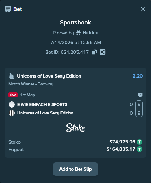 Bet slip: E WIE EINFACH E-SPORTS - Unicorns of Love Sexy Edition, $75,000.00 stake at 2.20 odds, placed by Hidden