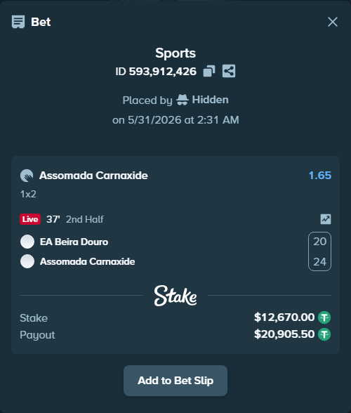 Bet slip: EA Beira Douro - ASS Assomada Carnaxide, $12,682.67 stake at 1.65 odds, placed by Hidden