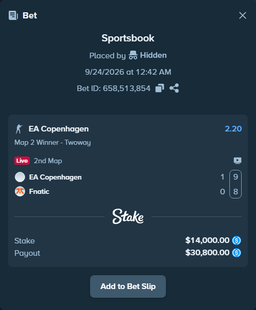 Bet slip: EA Copenhagen - Fnatic, $14,000.00 stake at 2.20 odds, placed by Hidden