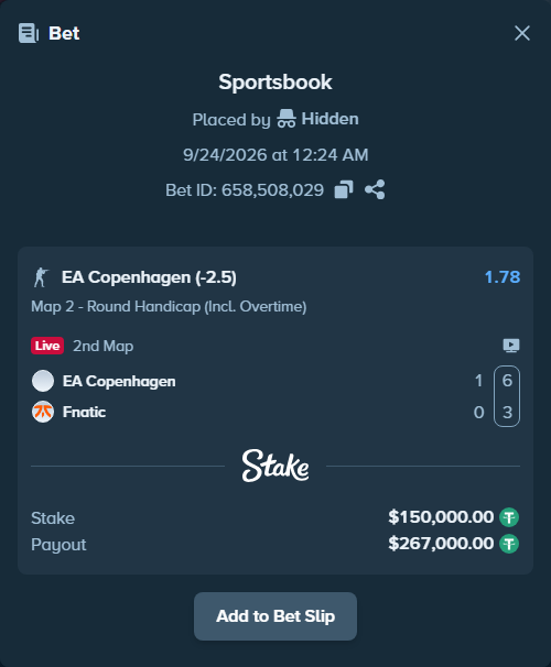 Bet slip: EA Copenhagen - Fnatic, $150,000.00 stake at 1.78 odds, placed by Hidden
