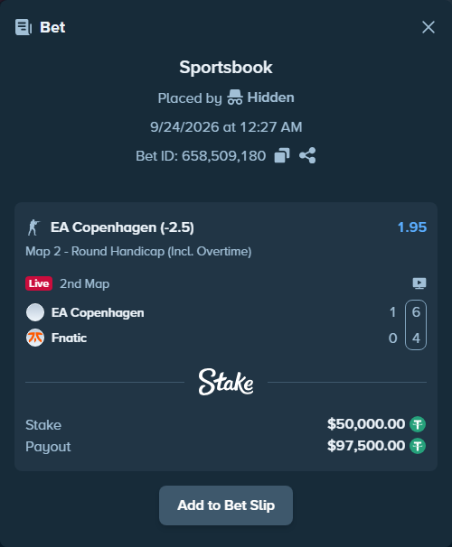 Bet slip: EA Copenhagen - Fnatic, $50,000.00 stake at 1.95 odds, placed by Hidden