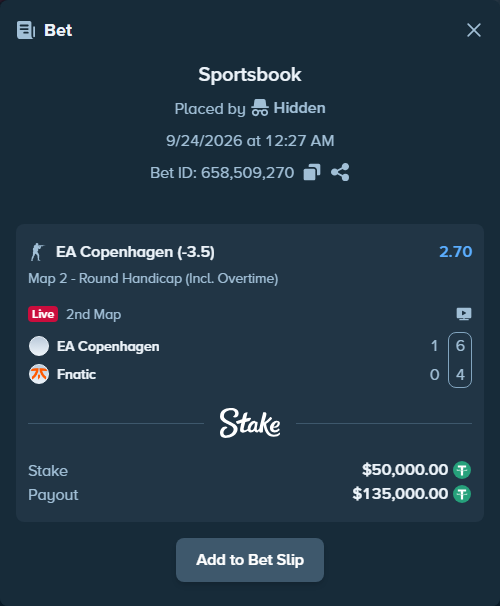Bet slip: EA Copenhagen - Fnatic, $50,000.00 stake at 2.70 odds, placed by Hidden