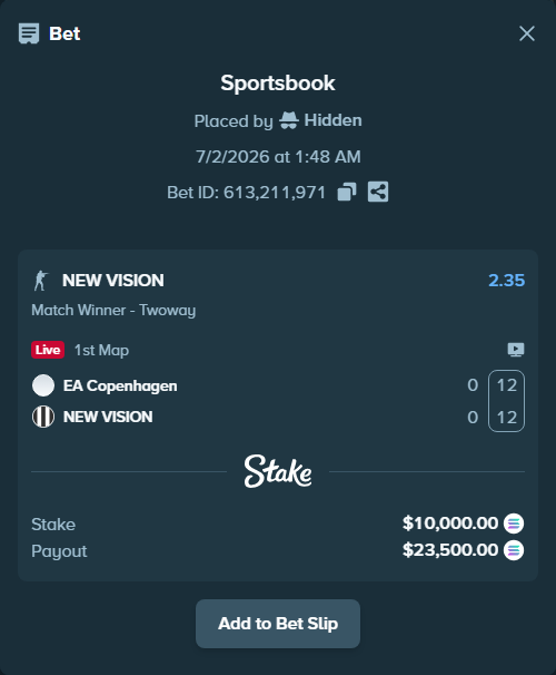 Bet slip: EA Copenhagen - NEW VISION, $10,651.37 stake at 2.35 odds, placed by Hidden