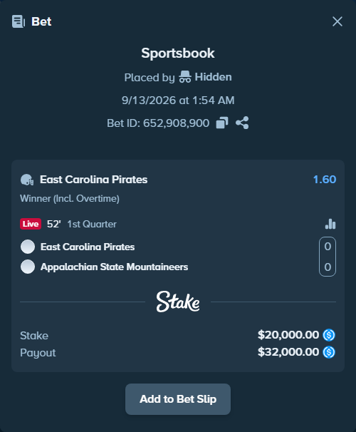 Bet slip: East Carolina Pirates - Appalachian State Mountaineers, $20,000.00 stake at 1.60 odds, placed by Hidden