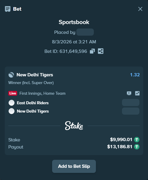 Bet slip: East Delhi Riders - New Delhi Tigers, $10,000.00 stake at 1.32 odds, placed by Raja6457
