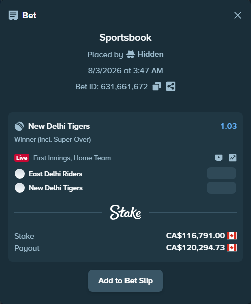 Bet slip: East Delhi Riders - New Delhi Tigers, $86,425.34 stake at 1.03 odds, placed by Hidden