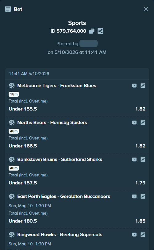 Bet slip: East Perth Eagles - Geraldton Buccaneers, $10,000.00 stake at 1.85 odds, placed by unruly72227
