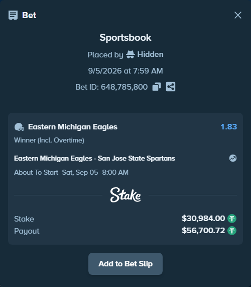 Bet slip: Eastern Michigan Eagles - San Jose State Spartans, $30,974.71 stake at 1.83 odds, placed by Hidden
