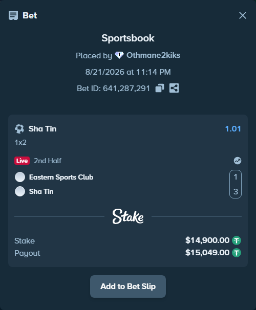 Bet slip: Eastern SC - Shatin, $14,900.00 stake at 1.01 odds, placed by Othmane2kiks